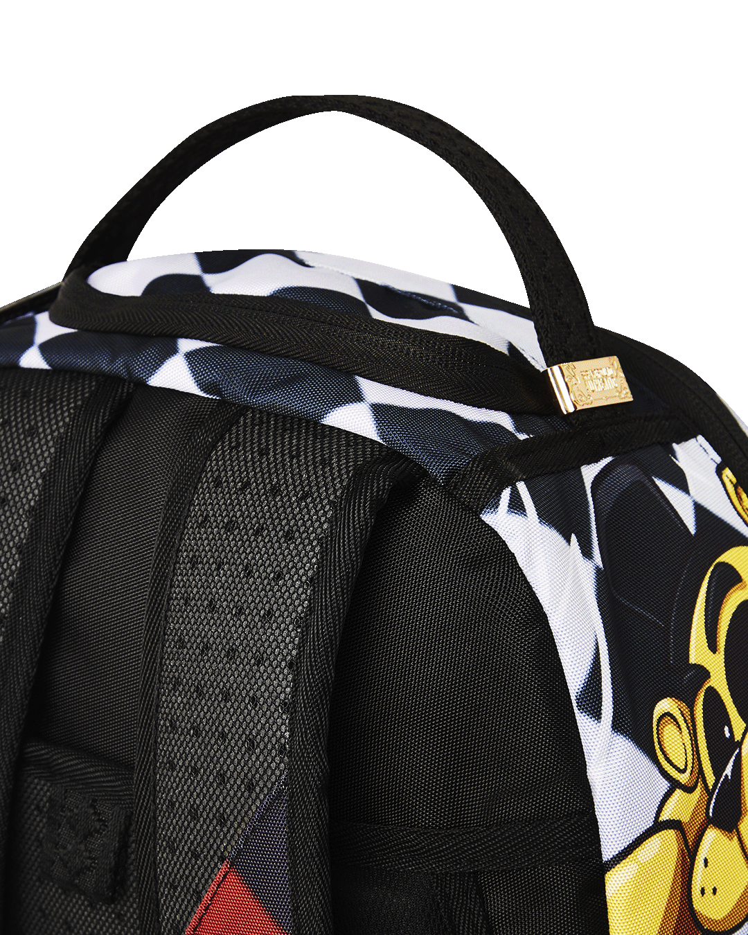 Sprayground FNAF backpack front view with zippered pockets and bold print