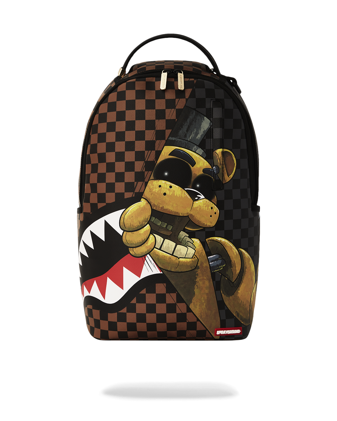 Front view of FNAF backpack showing zippered compartments and logo