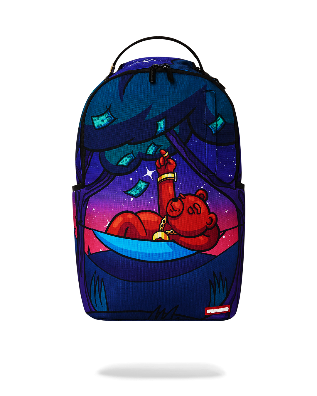 Diablo Deluxe backpack front view with gold zippers and side pockets