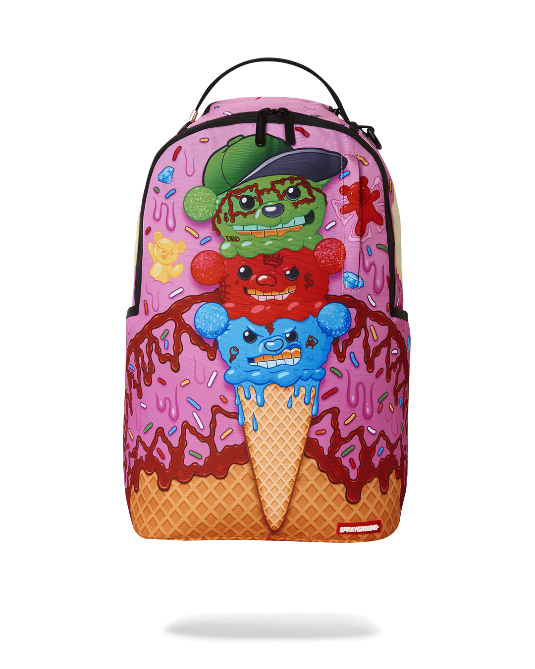 Close-up of the sprayground backpack with gold zippers and metal hardware