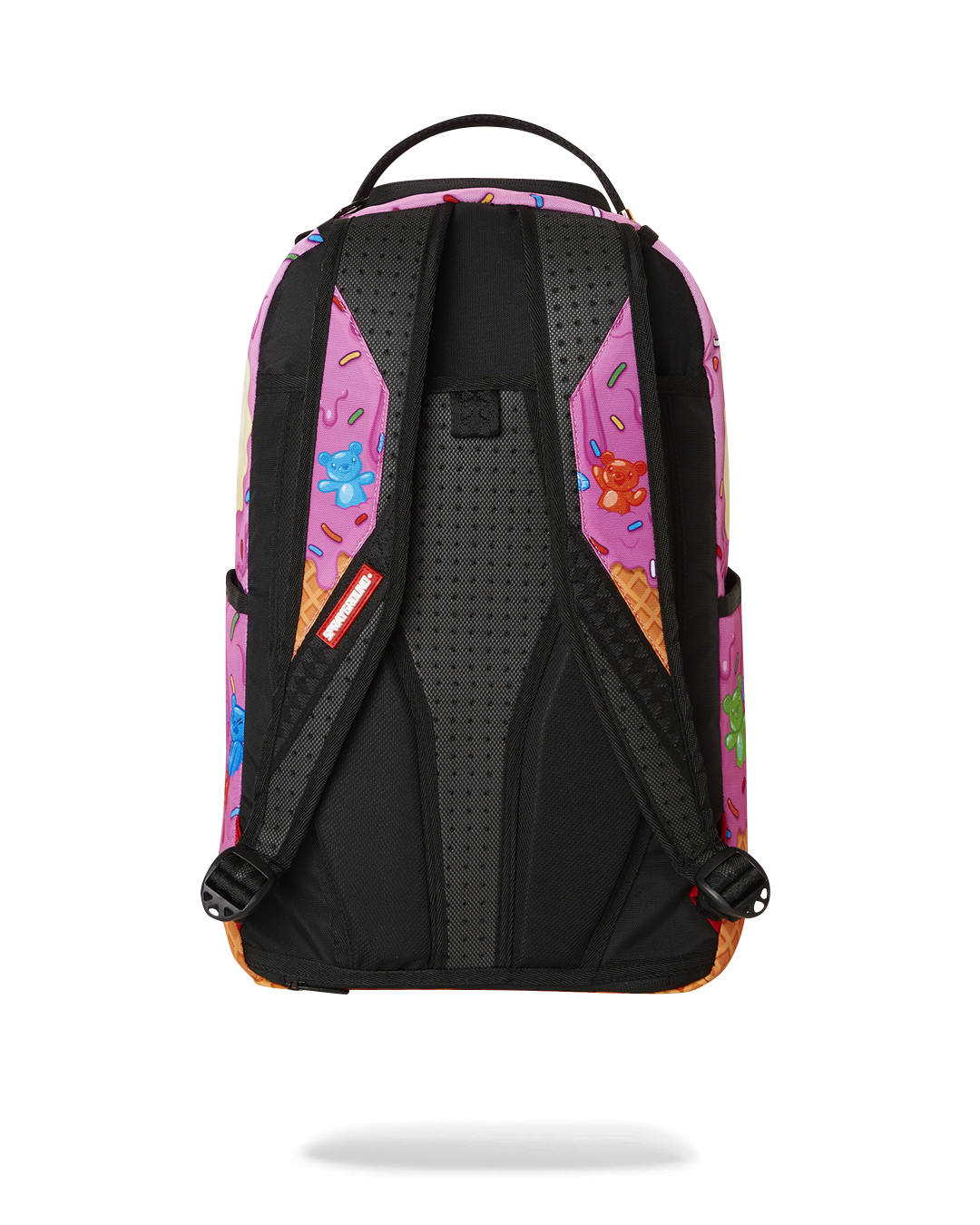 Close-up of the sprayground backpack with gold zippers and metal hardware