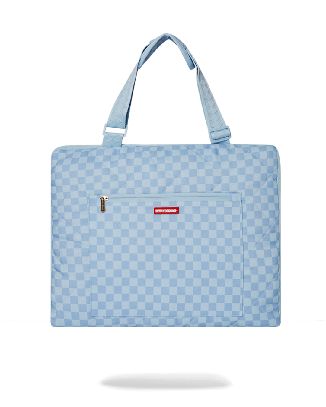 Close-up of the Coastal Cruiser convertible tote beach mats exterior zipper pocket, with sunglasses and sunscreen inside.