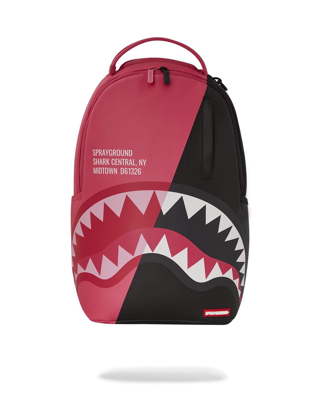 Close-up of the Shark Central Supernova backpack’s gold zippers and embossed logo