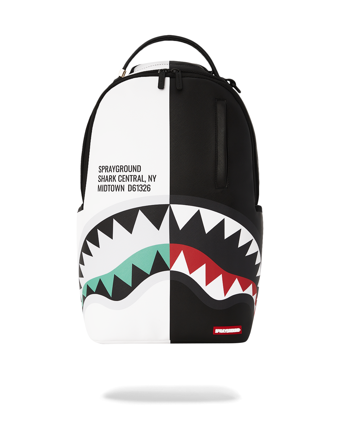 Front view of faux leather backpack with gold hardware and branded badge