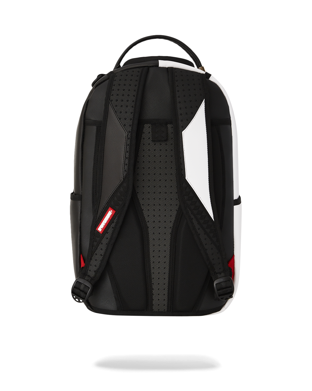 Front view of faux leather backpack with gold hardware and branded badge