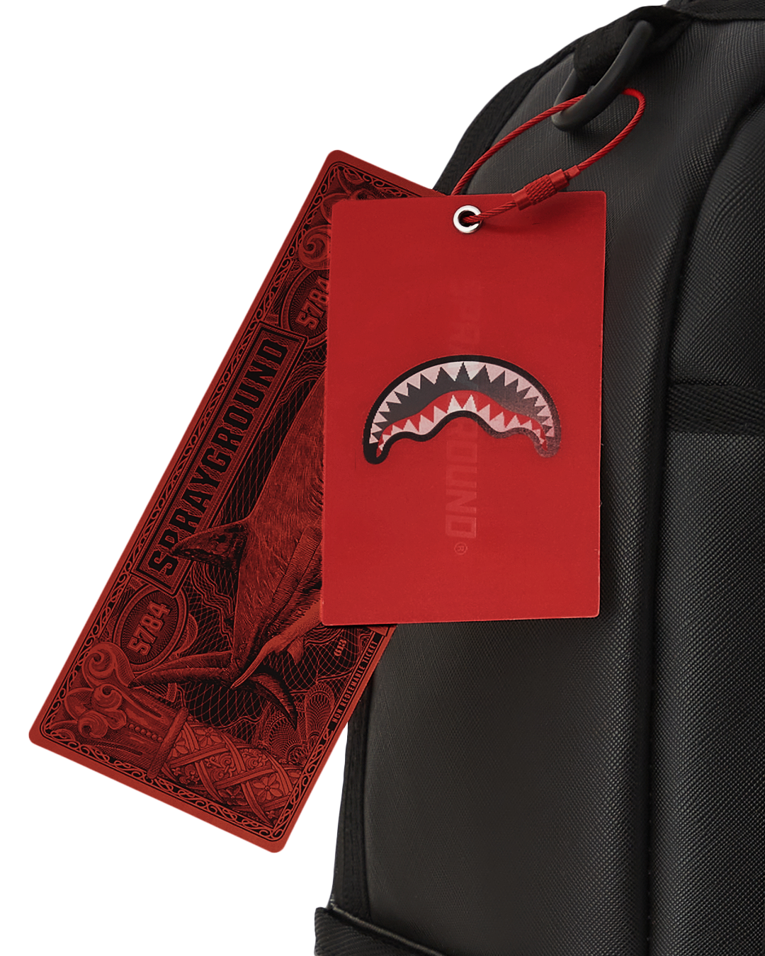 Front view of faux leather backpack with gold hardware and branded badge