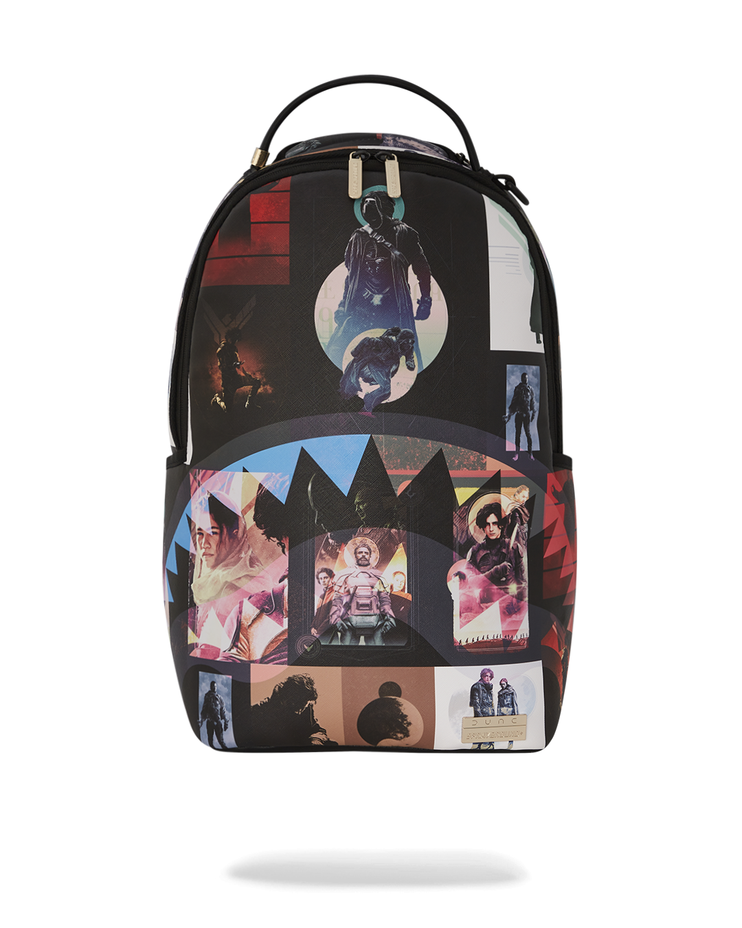 Front angle of the Sprayground backpack showing collage detail and faux leather texture