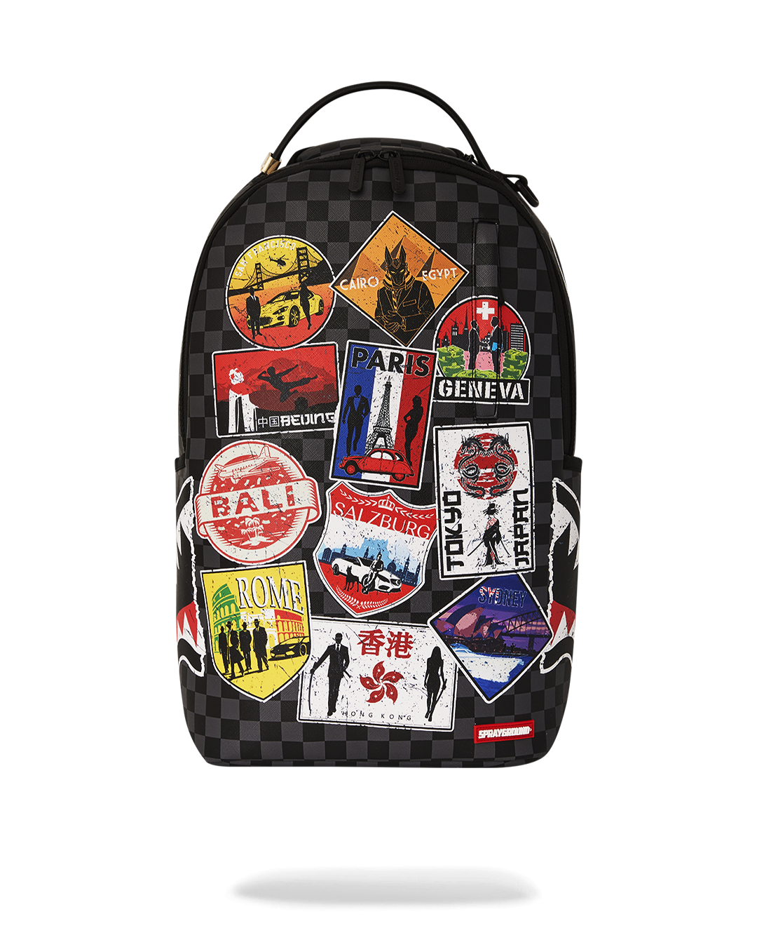 Front view of the faux leather laptop backpack showcasing zippered pockets.