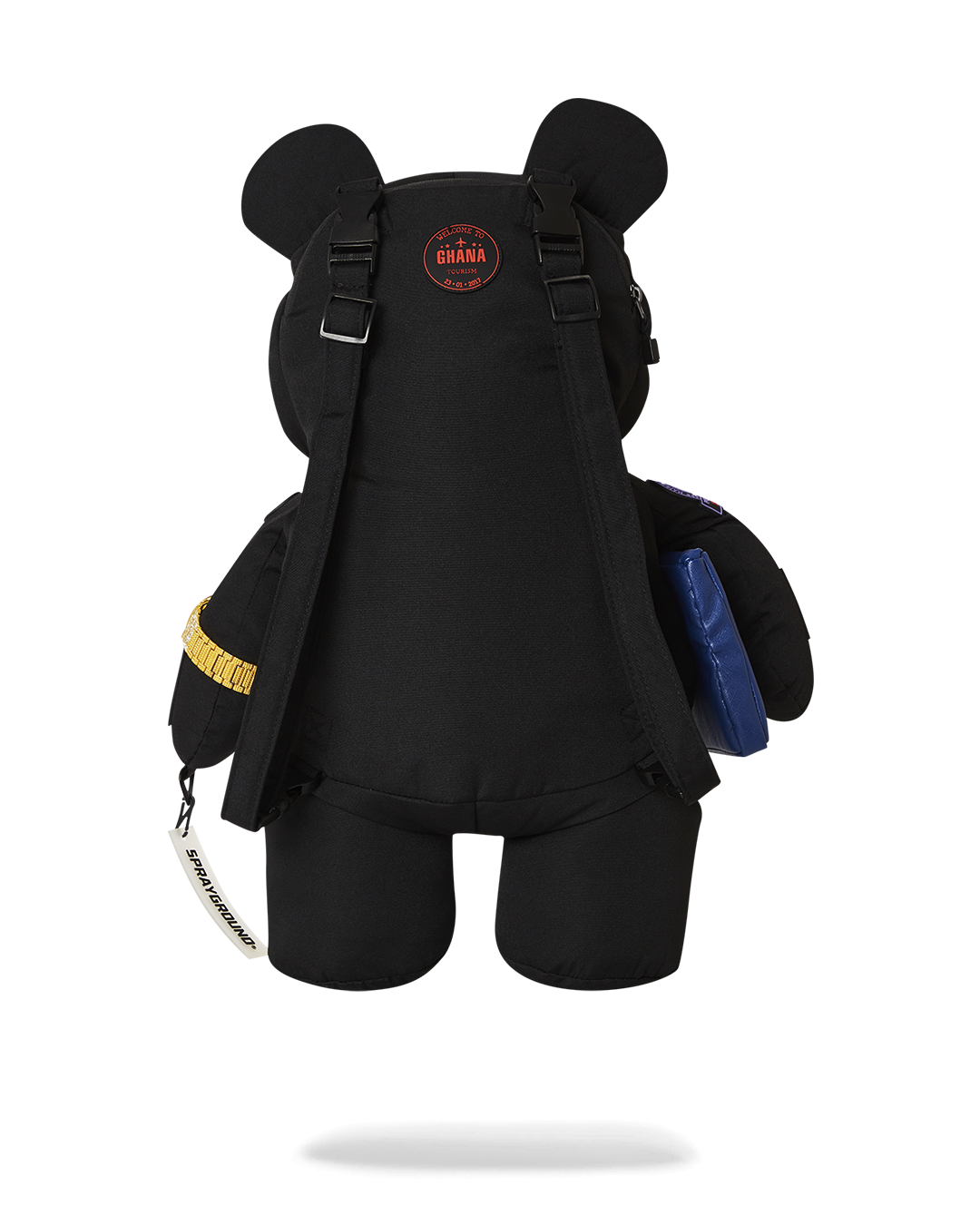 Sprayground Money Bear backpack shown front-on with zippered pockets