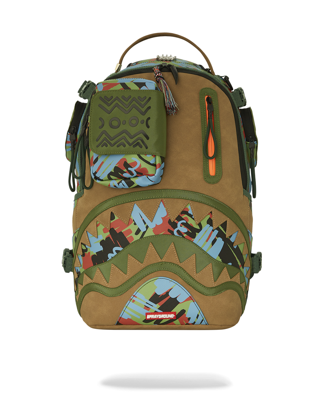 Front view of pink Sprayground backpack with sharkmouth zipper and gold hardware