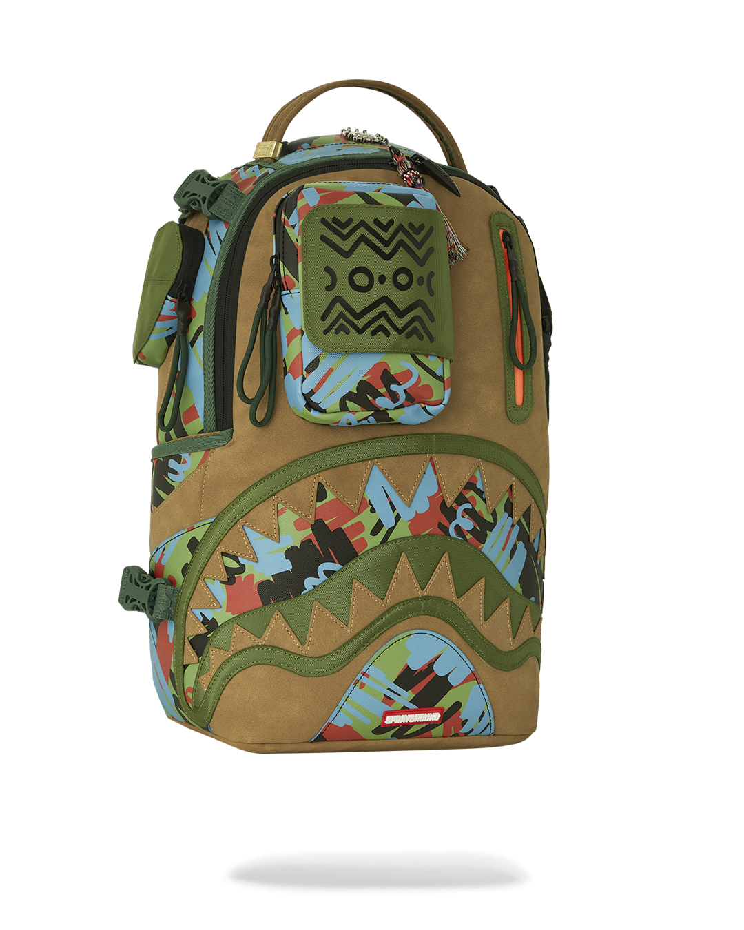 A.I. backpack styled for urban travel, resting on luggage during airport transit