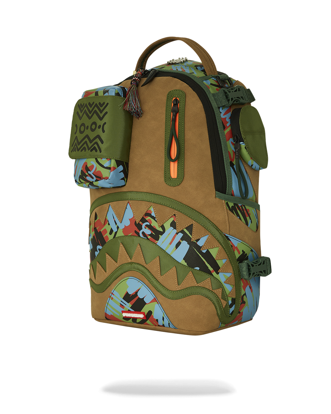A.I. backpack styled for urban travel, resting on luggage during airport transit