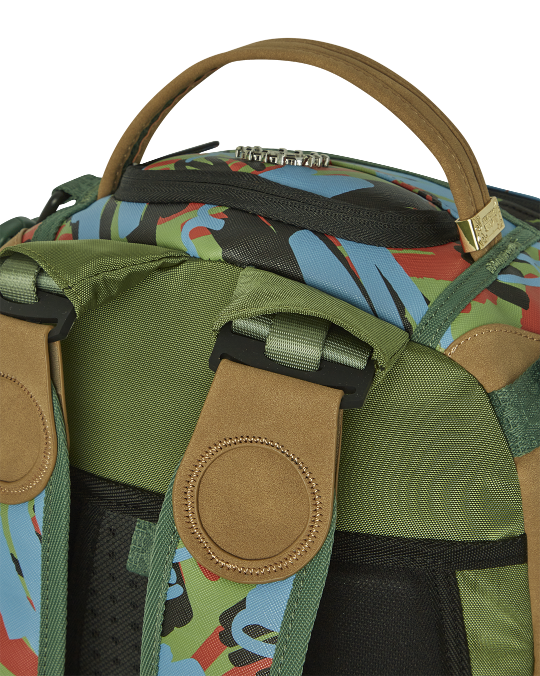 Front view of pink Sprayground backpack with sharkmouth zipper and gold hardware