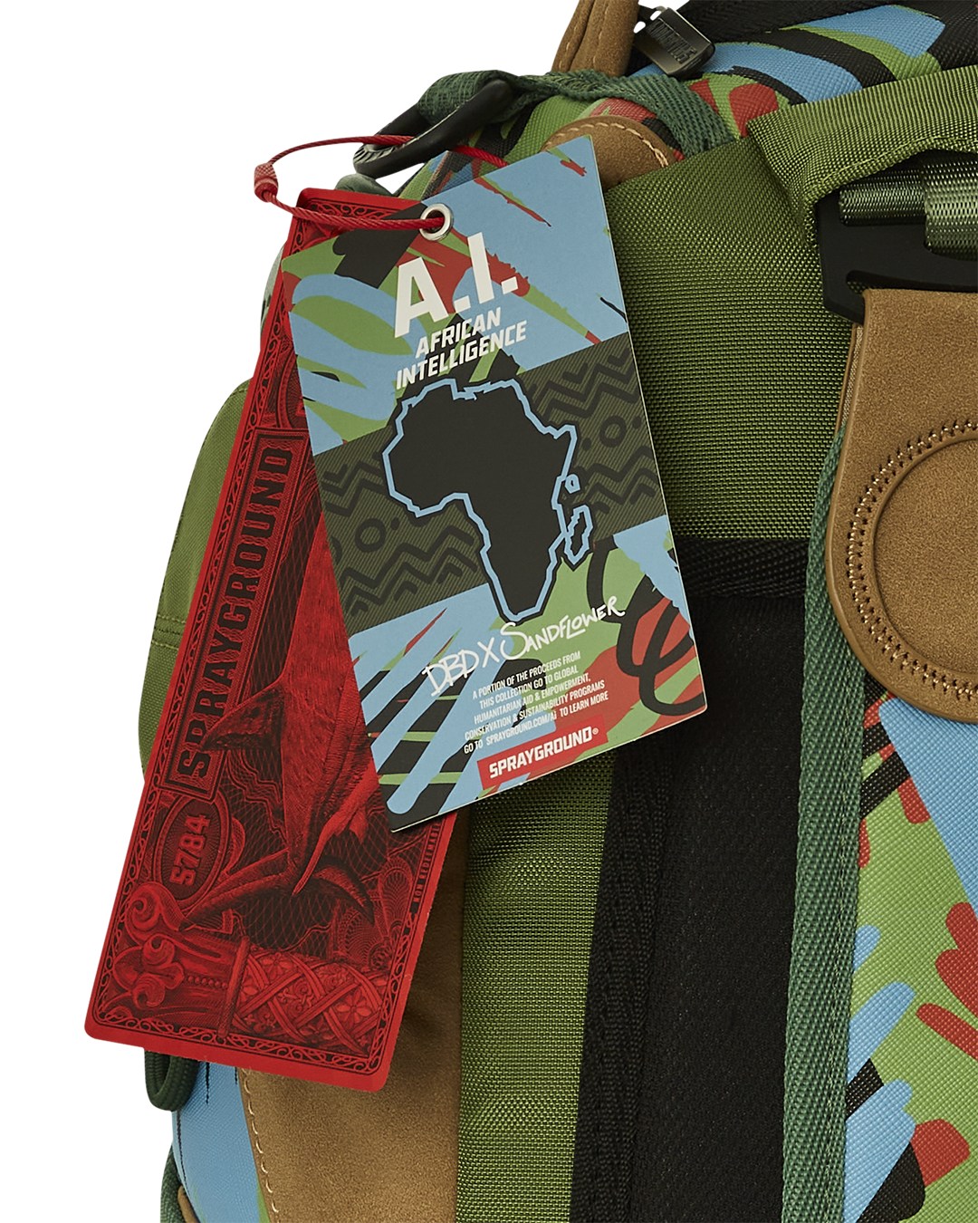 Side profile of the clear Sprayground backpack showing adjustable straps and pockets