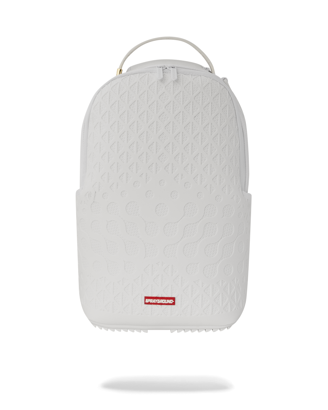 Front view of faux leather backpack with gold zippers and sleek finish