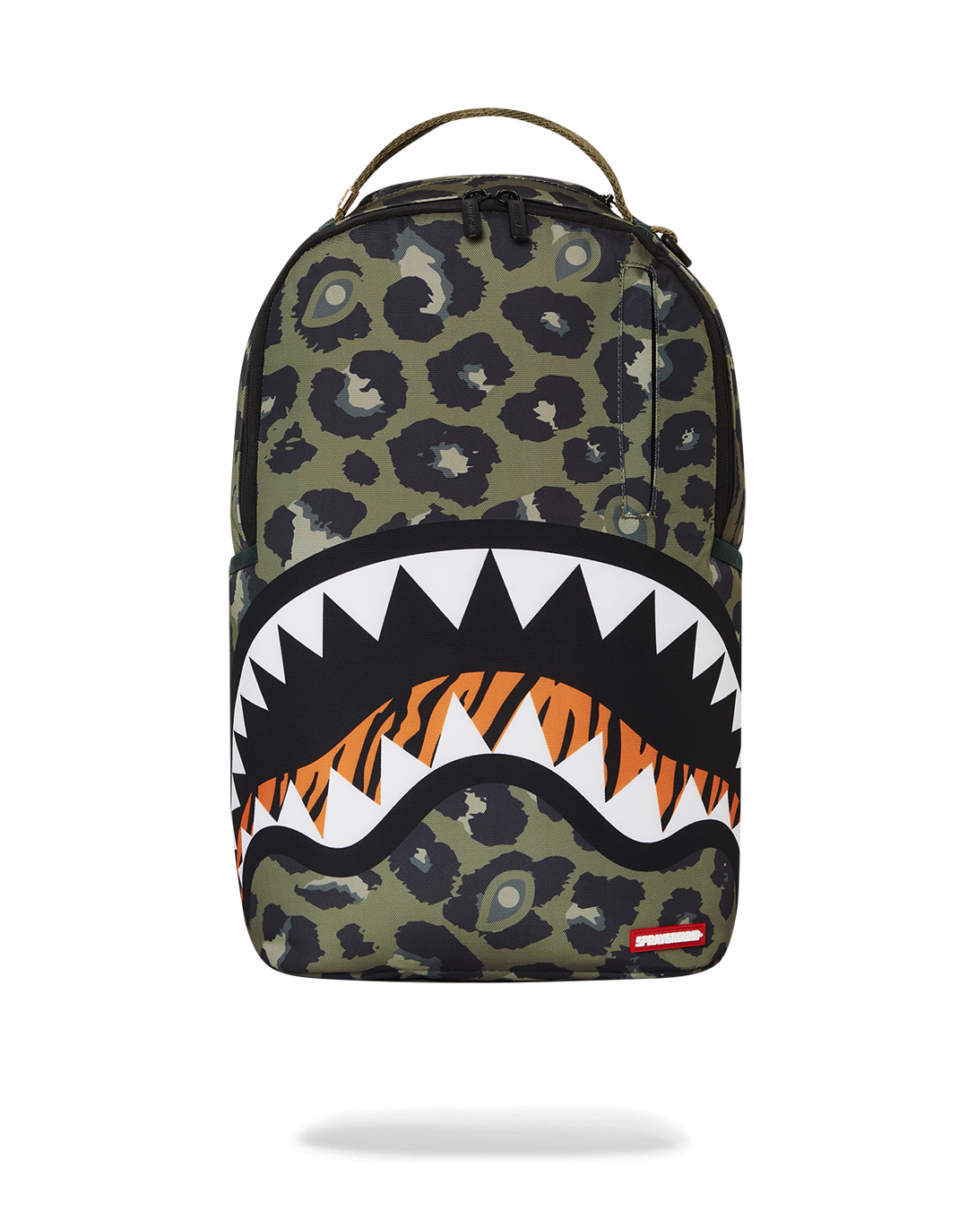 Front view of backpack showing gold zippers and padded straps