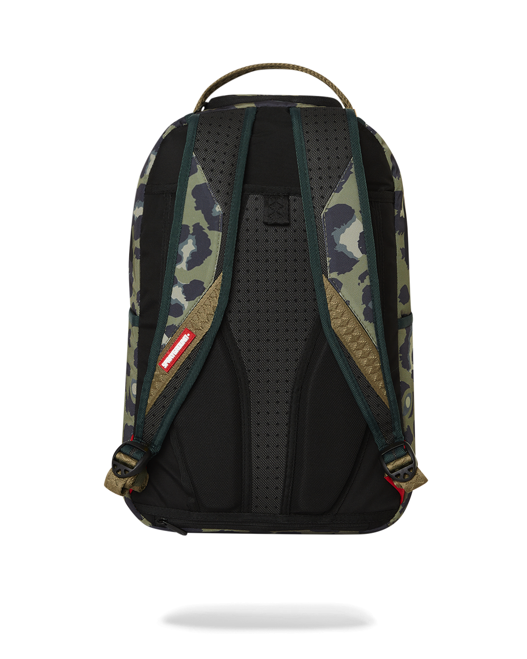 Front view of backpack showing gold zippers and padded straps