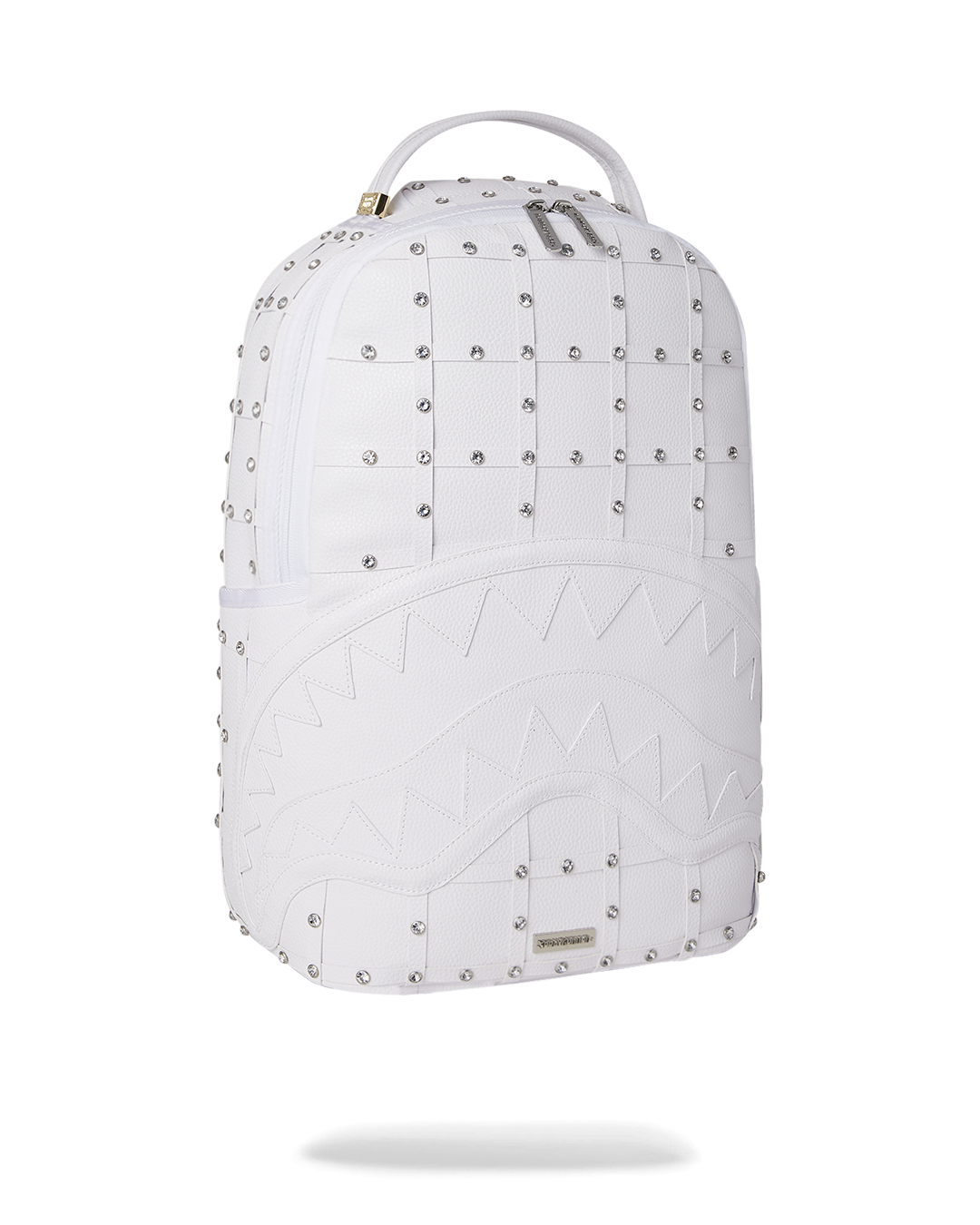 Side view of the backpack with adjustable straps and gold zipper details.