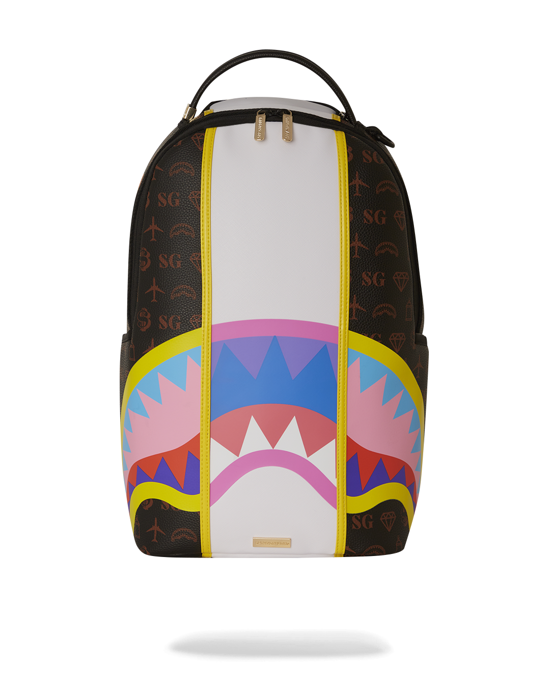 Black leather backpack on a wooden table, showcasing front pockets and gold zippers