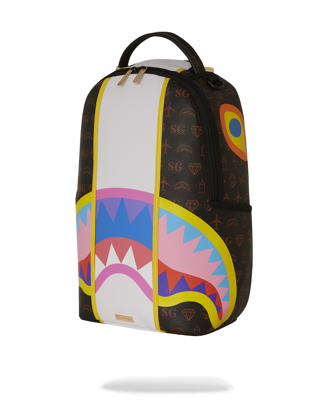 Black leather backpack on a wooden table, showcasing front pockets and gold zippers