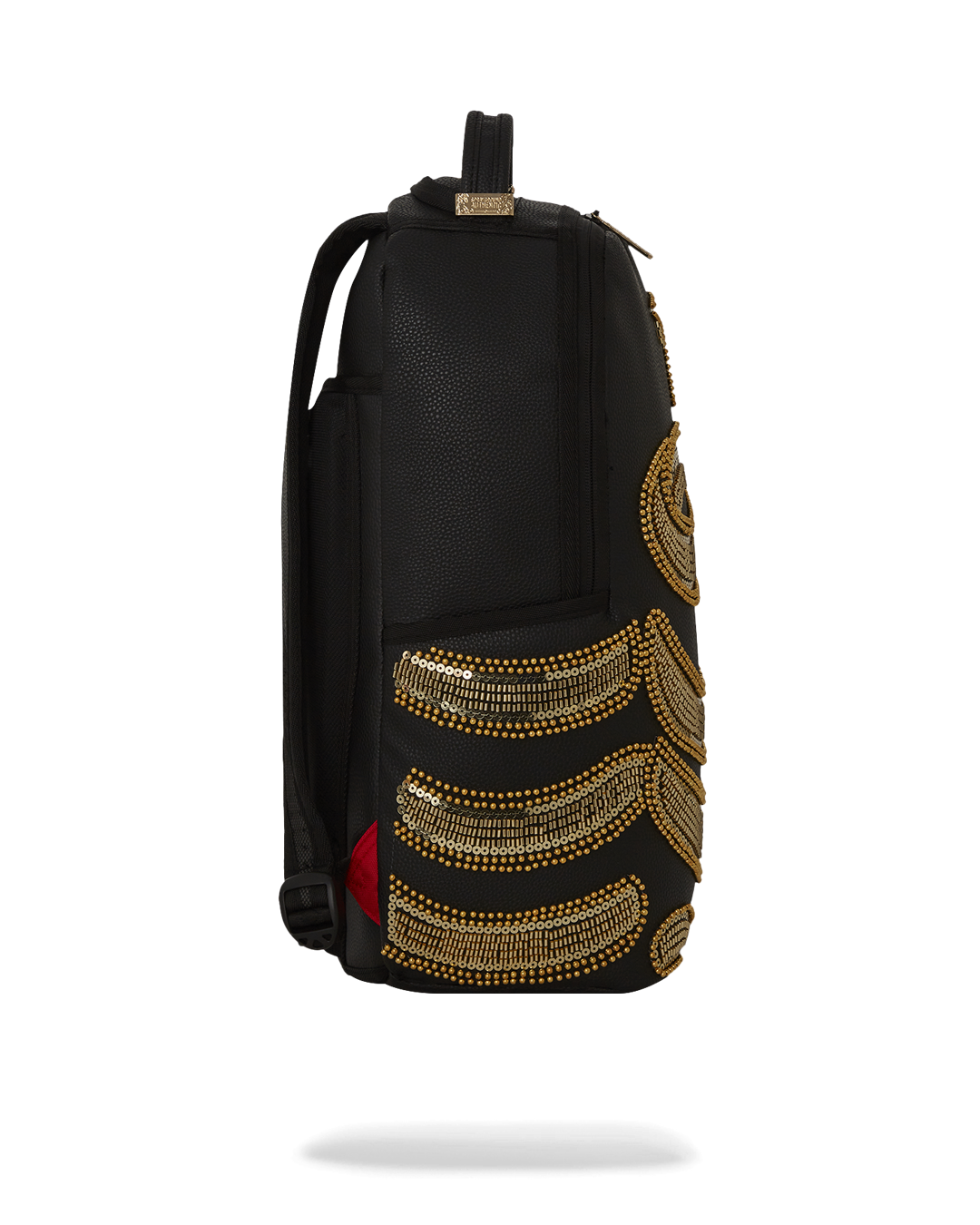 Side view of the designer backpack showcasing spacious compartments and adjustable straps