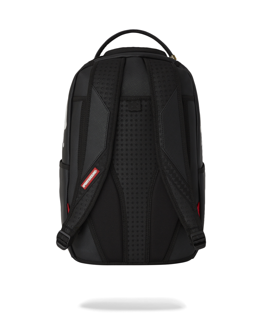 Front view of chic faux leather travel backpack with gold zippers.