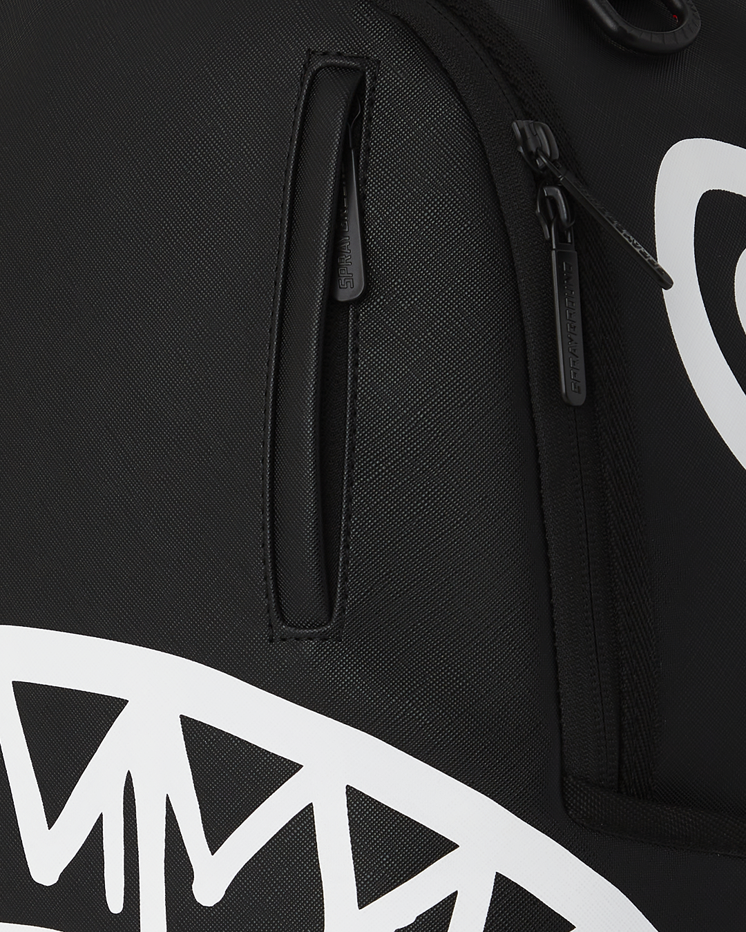 Front view of chic faux leather travel backpack with gold zippers.