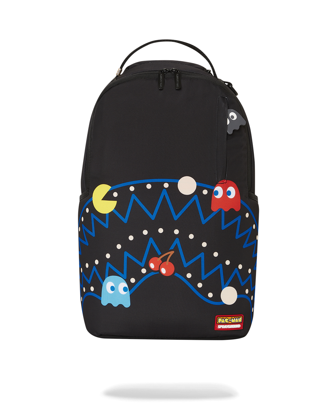 Front view of limited edition Pac-Man gaming backpack on a chair