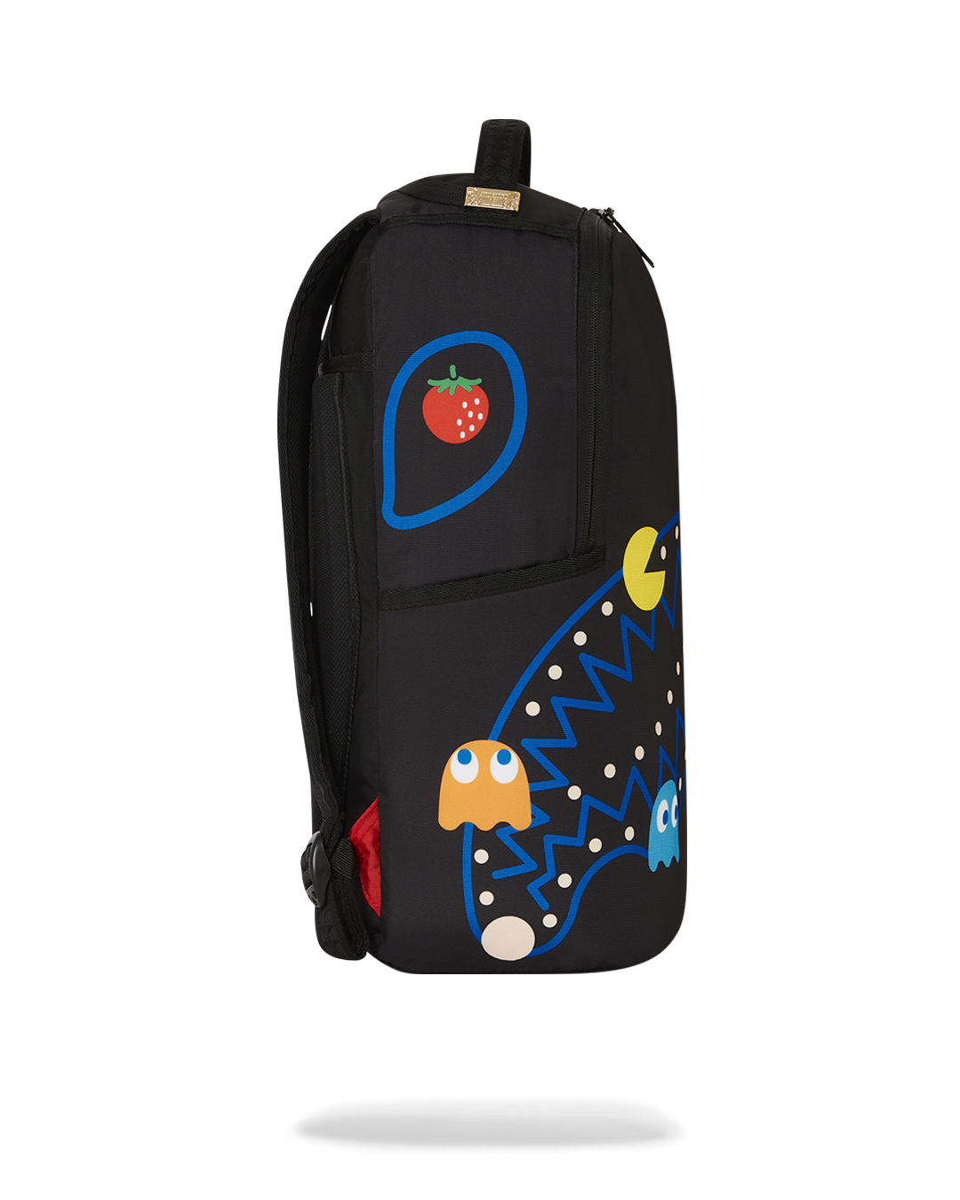 Side angle showing Sprayground backpacks stash pocket and velour sunglass compartment