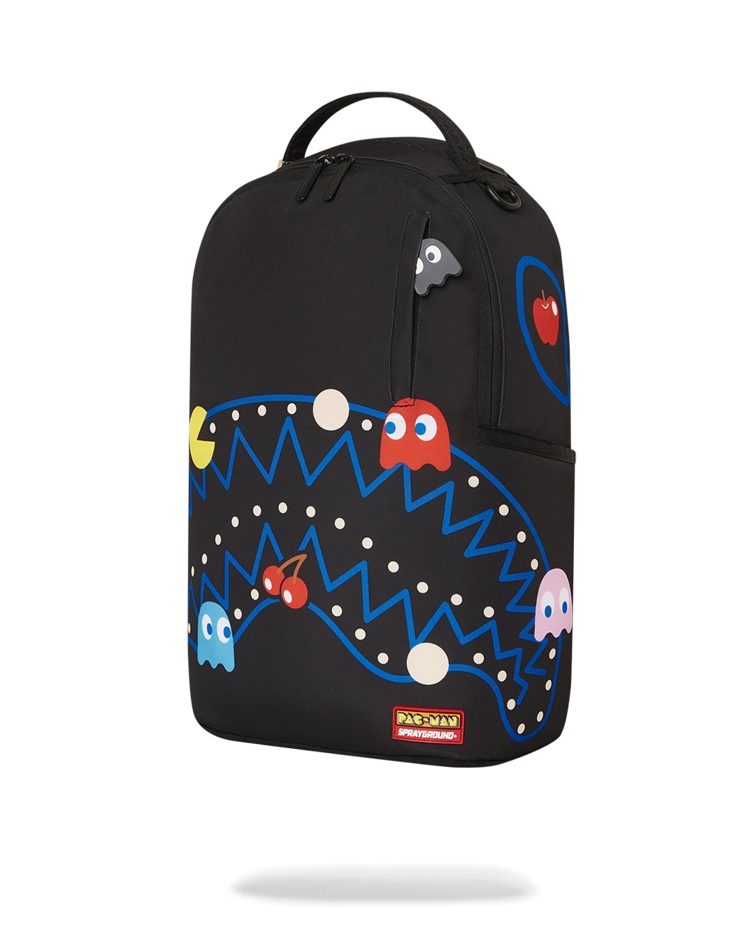 Front view of Pac-Man gaming backpack with gold zippers and ergonomic straps