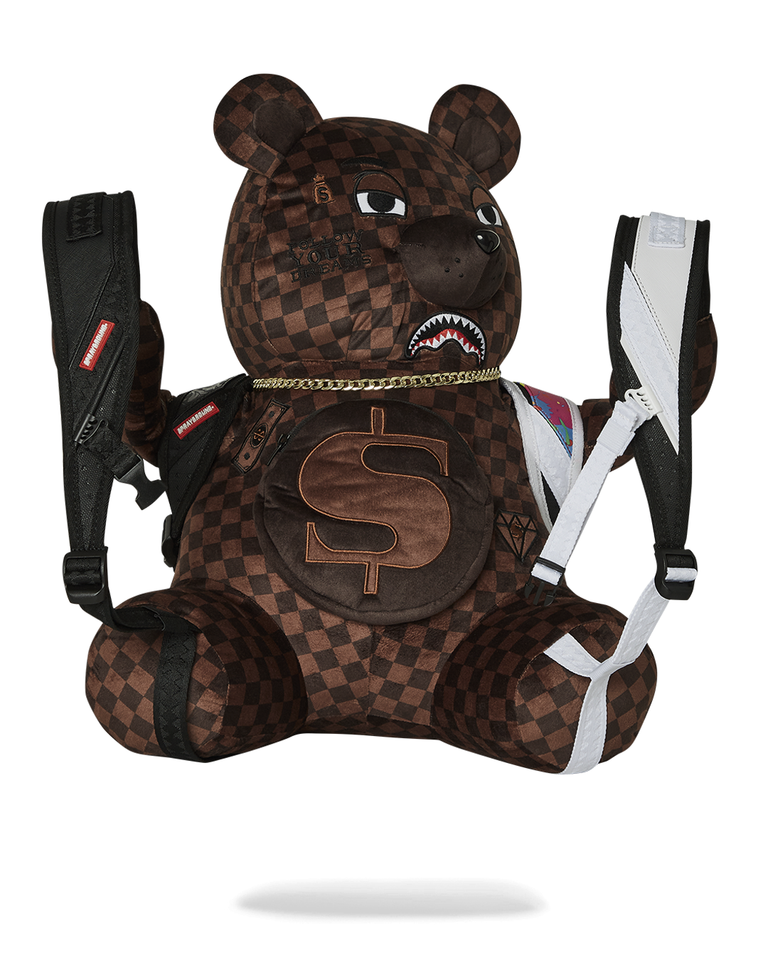 Cuddly teddy bear backpack worn by a child on a hiking trail