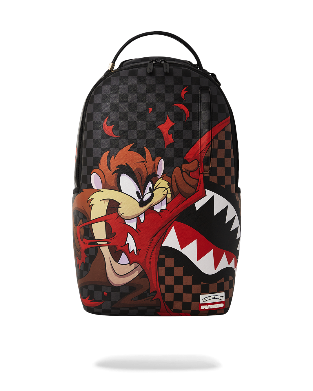 Black Taz faux leather mini backpack with side pockets for easy access.