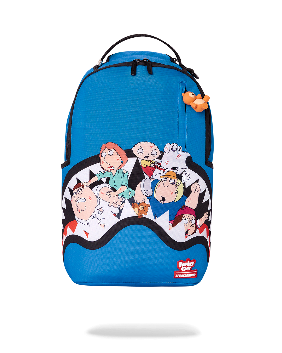 A clear Sprayground Backpack with Family Guy design, showcasing its multiple pockets and ergonomic mesh back padding.