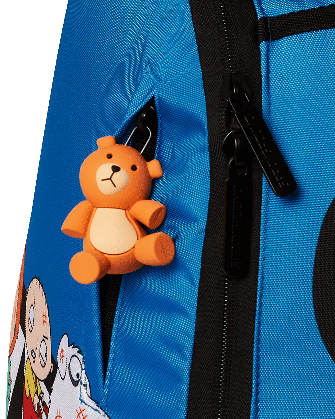 A clear Sprayground Backpack with Family Guy design, showcasing its multiple pockets and ergonomic mesh back padding.