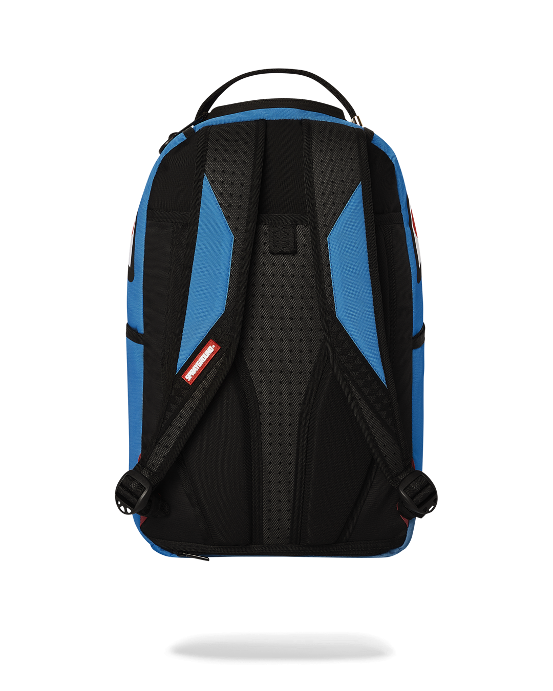 A clear Sprayground Backpack with Family Guy design, showcasing its multiple pockets and ergonomic mesh back padding.