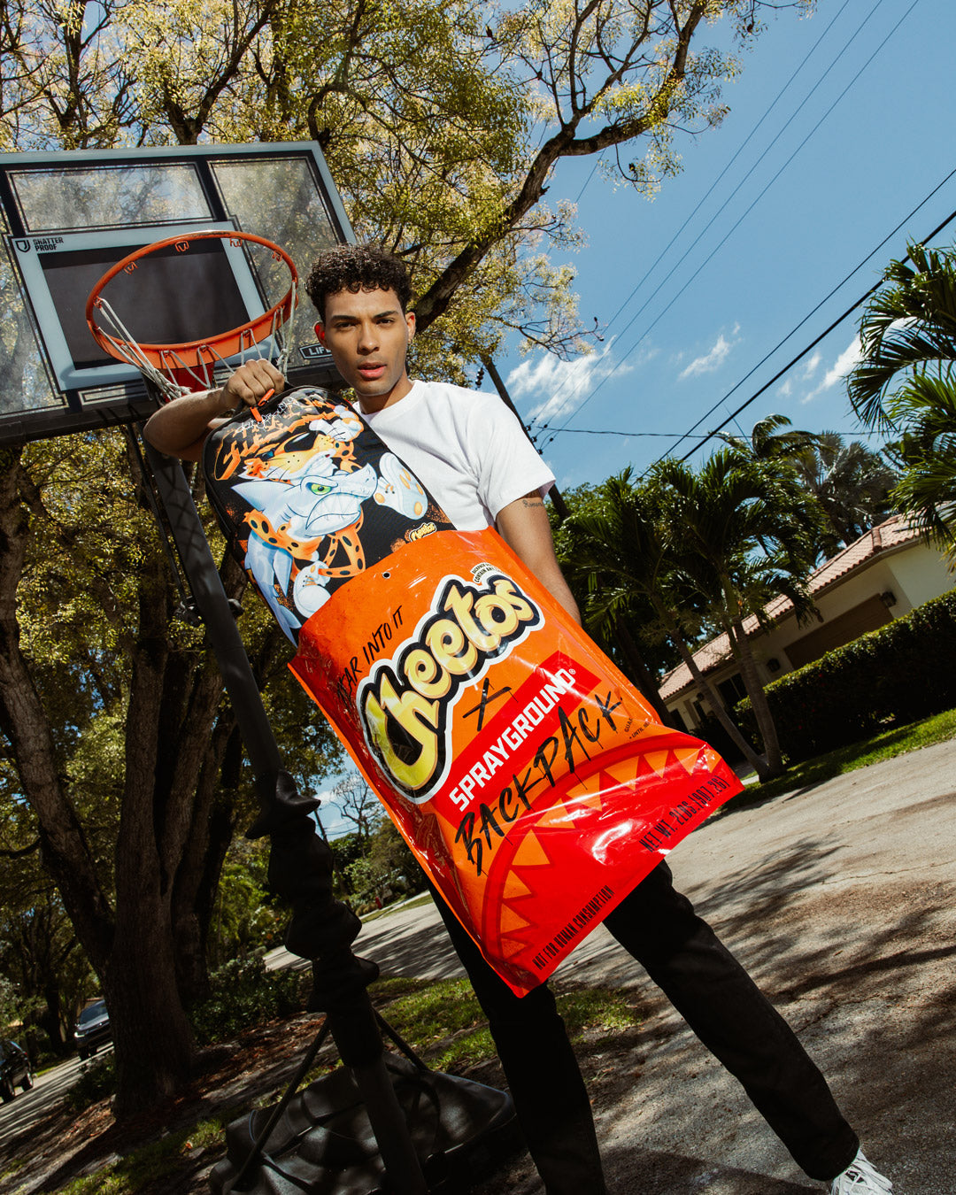 Interior view of Cheetos Shark Runner backpack showing laptop compartment and organizer pocket