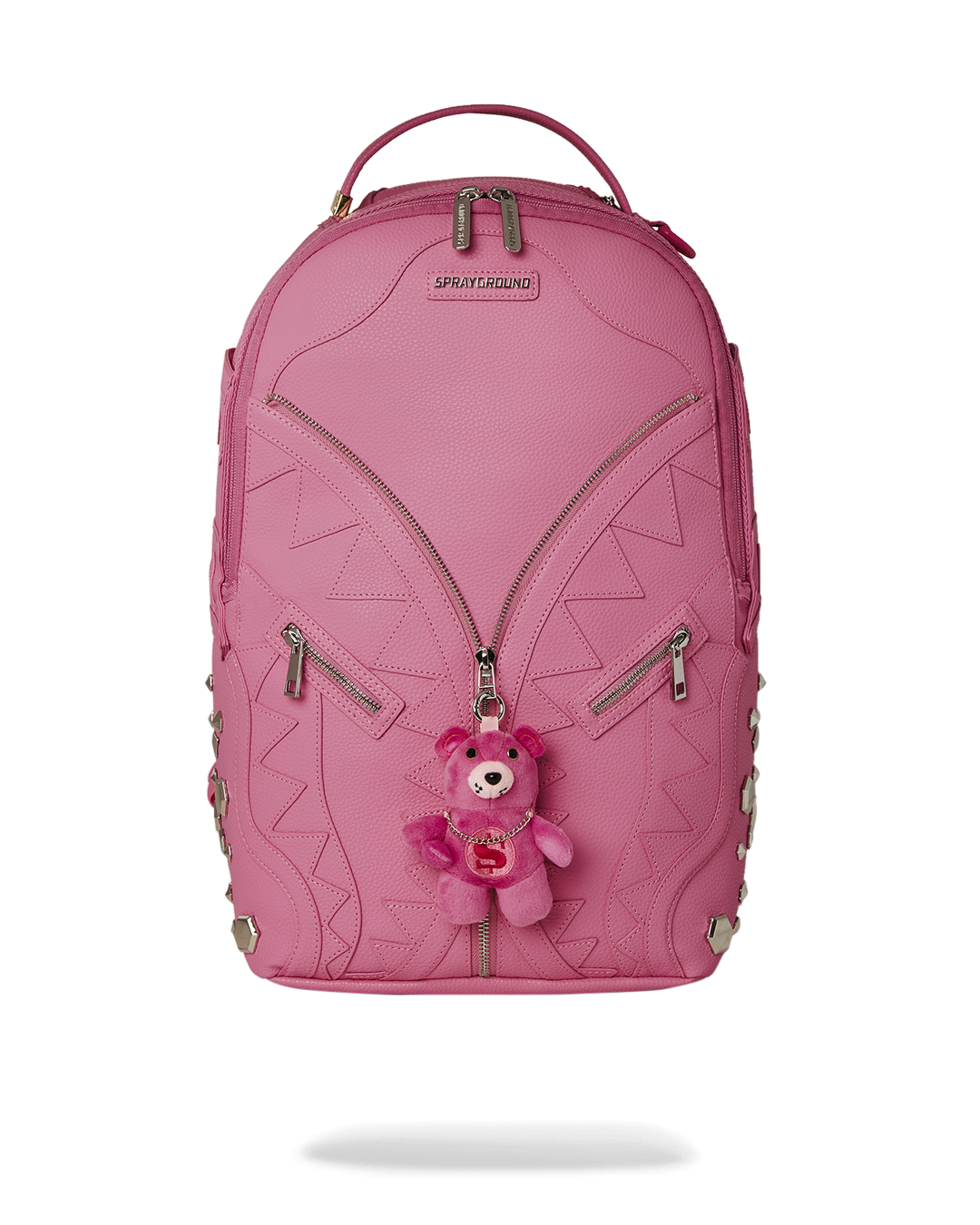 Faux leather backpack with plush bear accent, front view