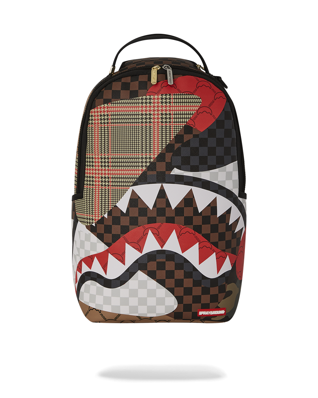 Front view of faux leather backpack with gold zippers and multiple pockets