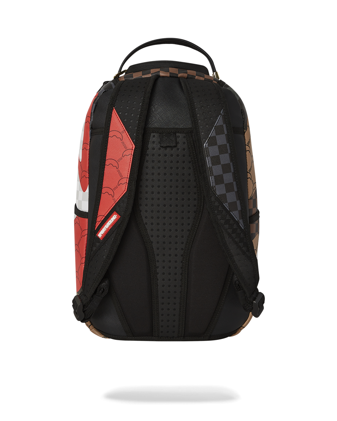 Front view of faux leather backpack with gold zippers and multiple pockets