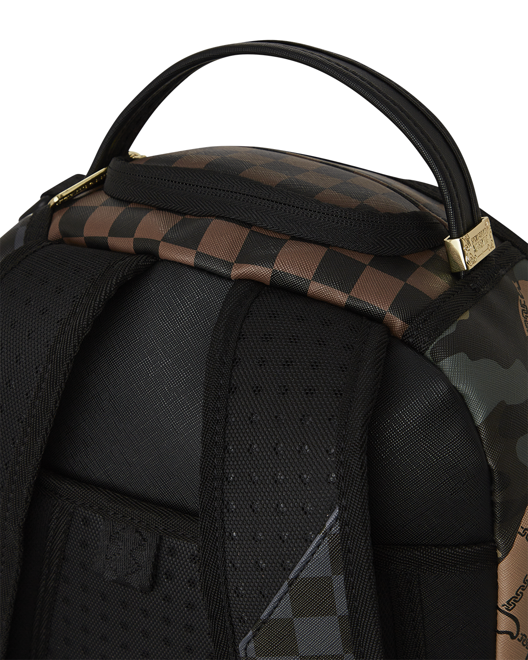 Front view of faux leather backpack with gold zippers and multiple pockets