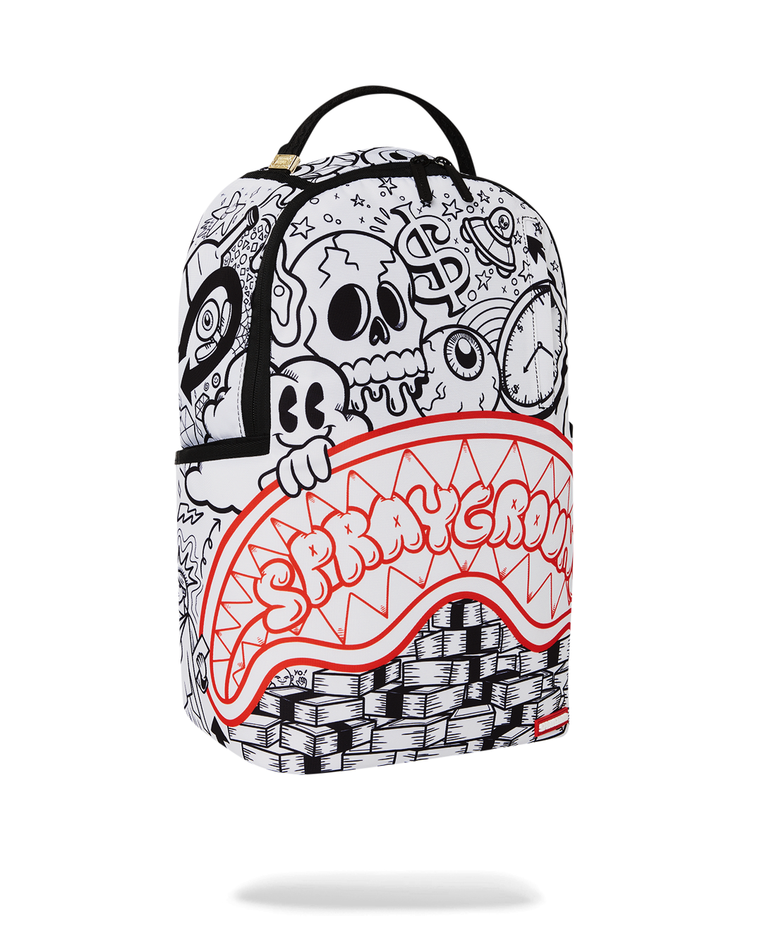 Stylish exterior of the Dreamy Doodle Deluxe Backpack with gold zippers and side pockets.