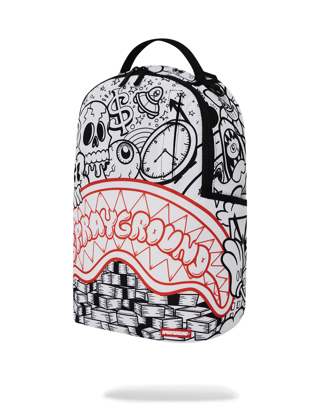 Stylish exterior of the Dreamy Doodle Deluxe Backpack with gold zippers and side pockets.