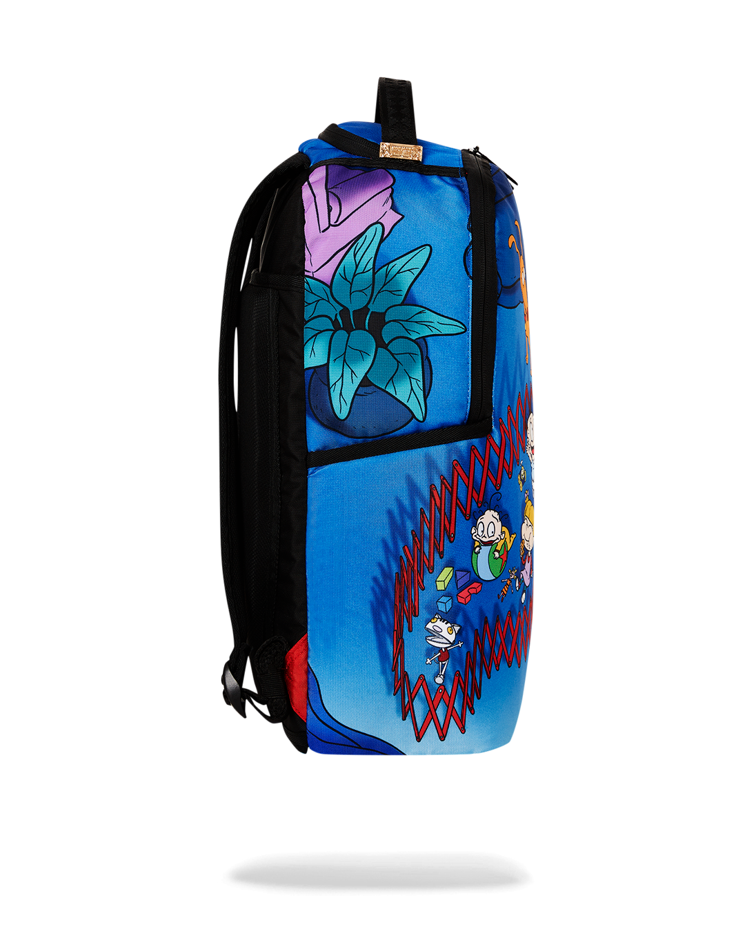 Side view of the RUGRATS backpack with pockets and gold zippers.