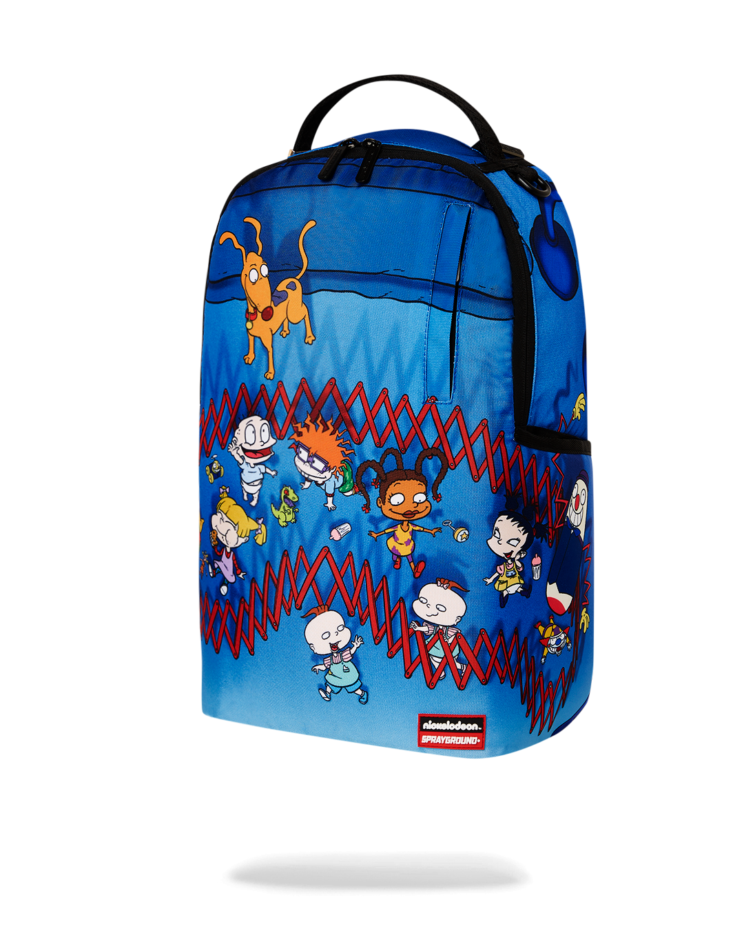 Side view of the RUGRATS backpack with pockets and gold zippers.