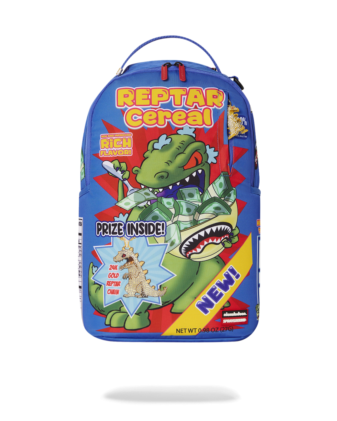 Front view of DLXSR backpack showing clear panels and REPTAR prize design