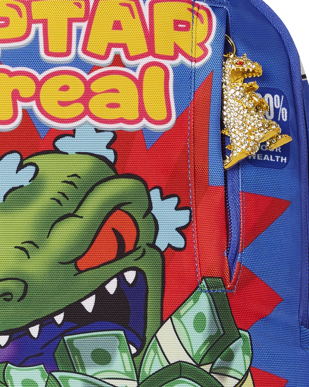 Front view of DLXSR backpack showing clear panels and REPTAR prize design