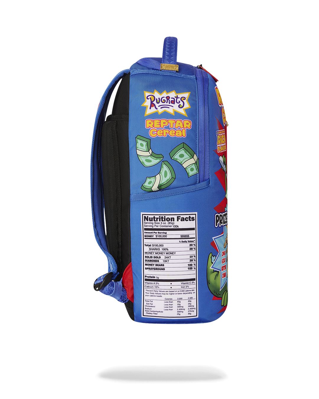 Side angle highlighting adjustable straps and gold zippers on Sprayground backpack
