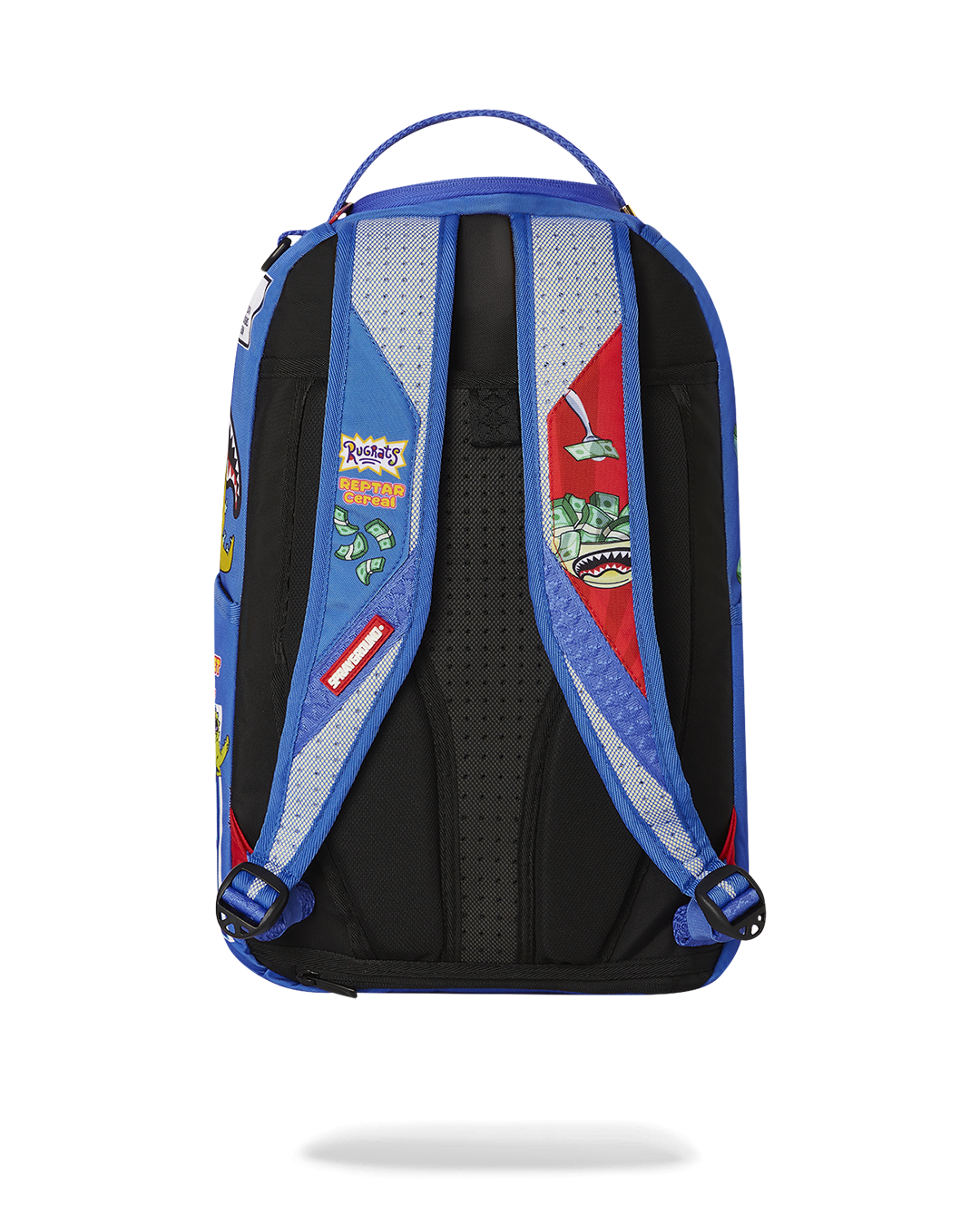 Front view of DLXSR backpack showing clear panels and REPTAR prize design