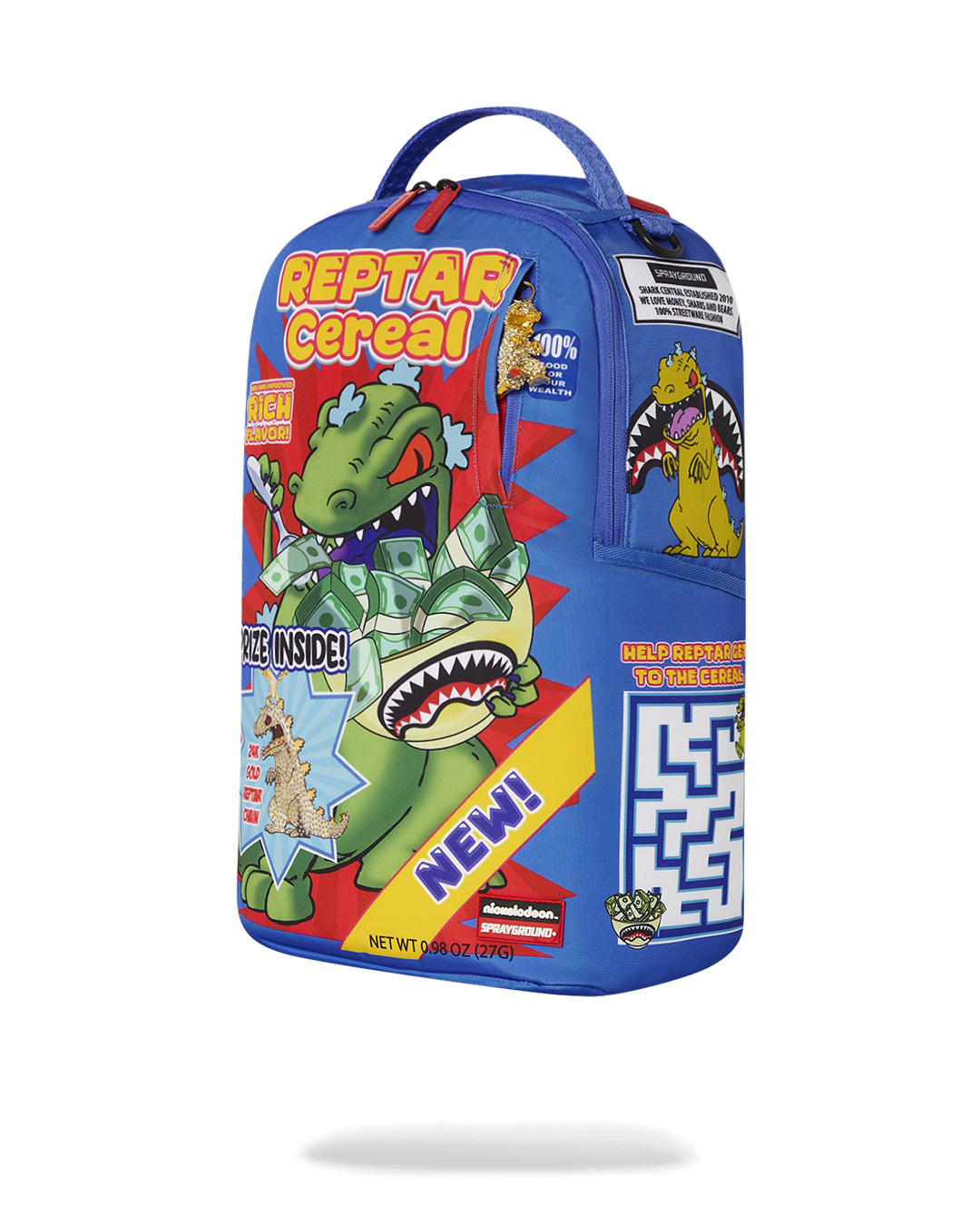 Side angle highlighting adjustable straps and gold zippers on Sprayground backpack