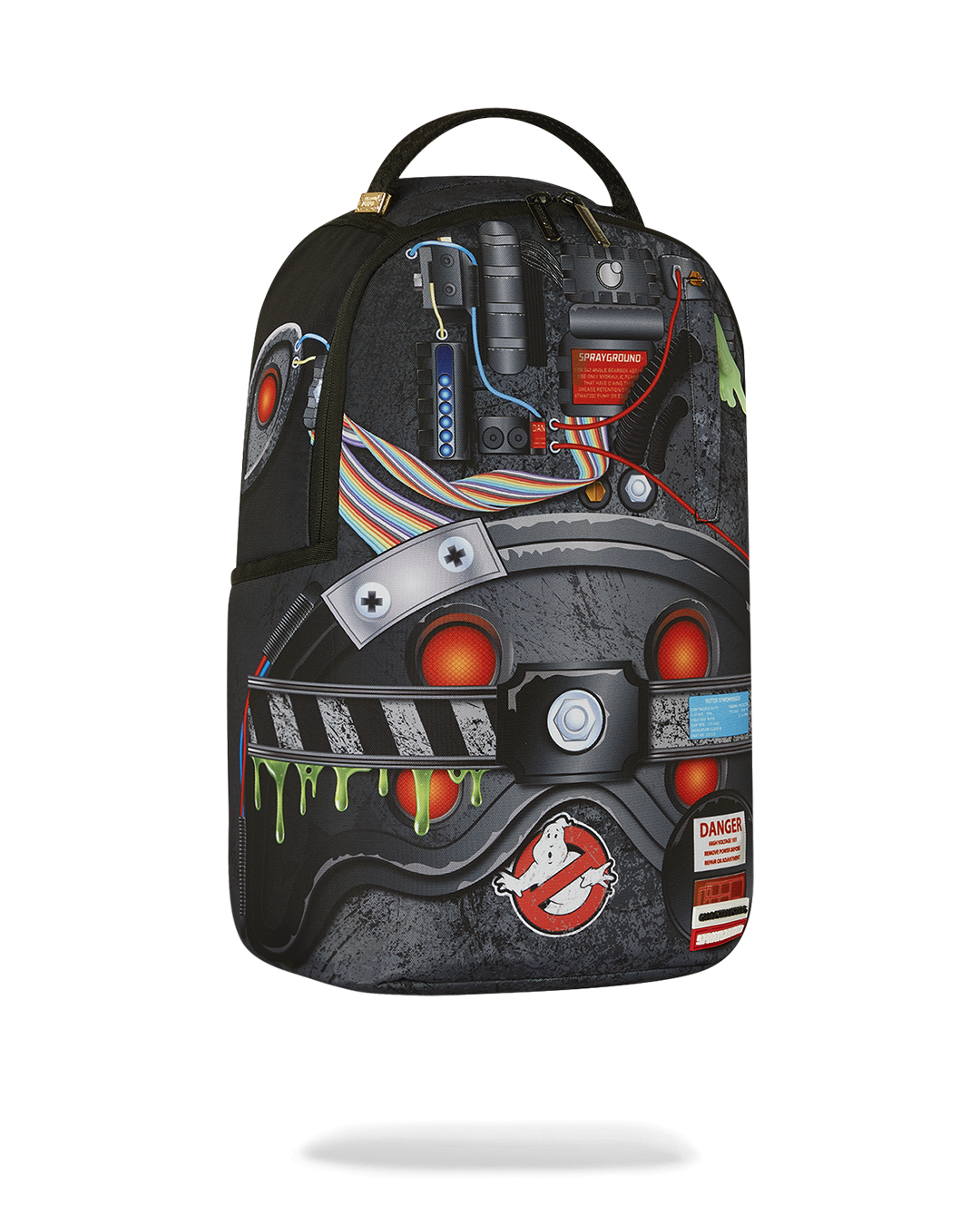 Open interior of clear Sprayground backpack with laptop and organizer compartments visible